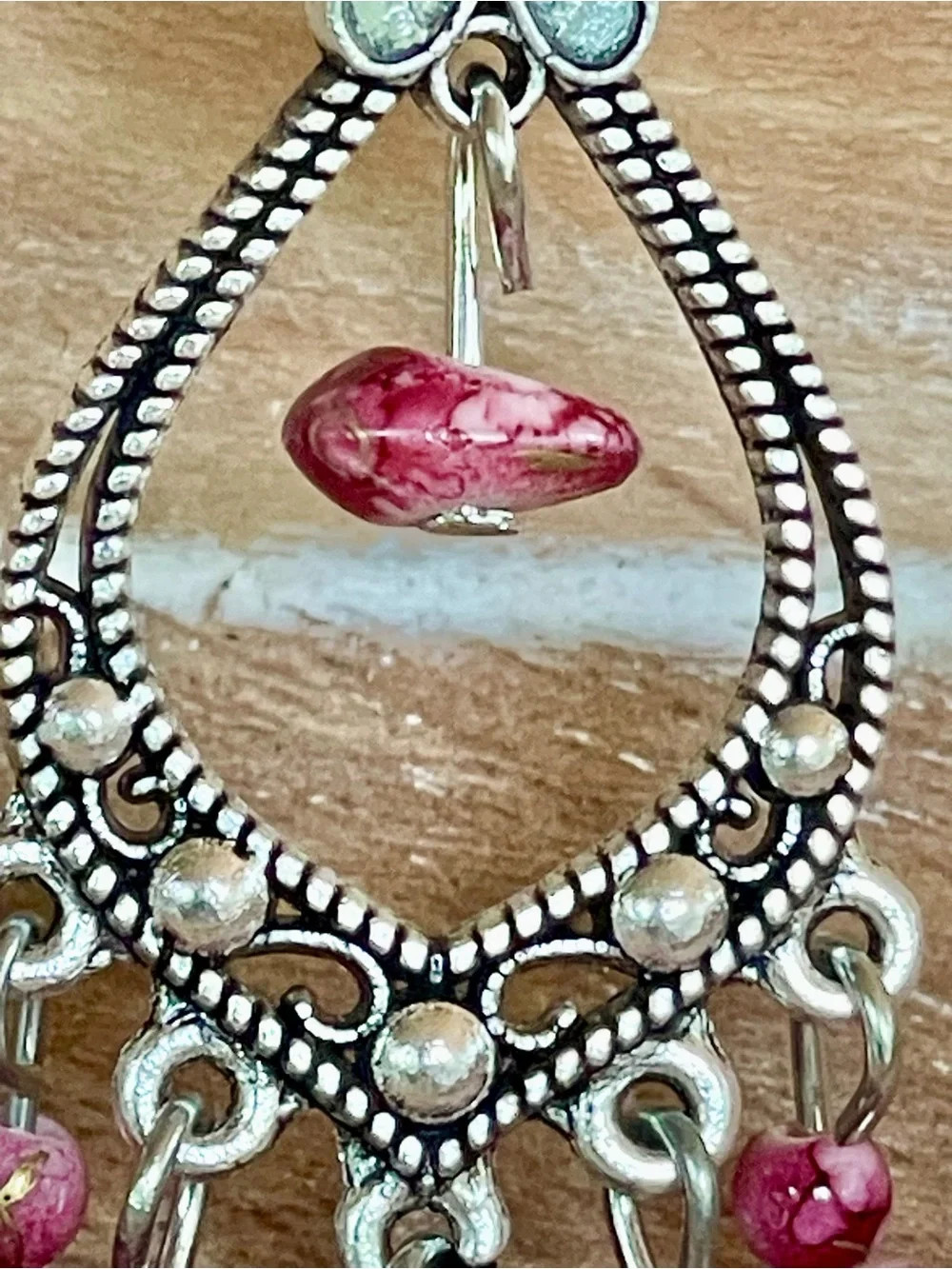 Red Boho Glass Bead Dangle Earrings with Silver Filigree